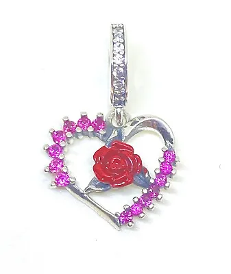 Red Rose Pink Heart Heart Charm 💜 Genuine 925 Sterling Silver • £15.99
