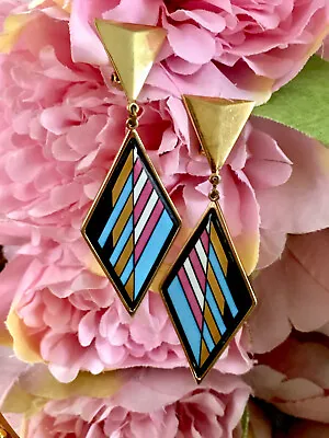 Vintage Michaela Frey Clip On Earrings Enamel Pink Light Blue Stripes Gold Plate • $149.03