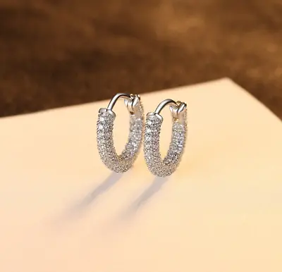 925 Sterling Silver Micro Pave Cz Small Hoop Huggie Earrings12mm Gift Box A29 • $15.95