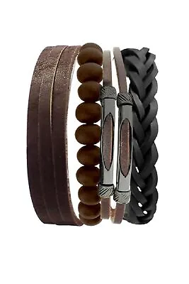 Ed Hardy Men's Brown Beads & Vegan Leather Multi-Layered Stackable Bracelet Set • $16.99