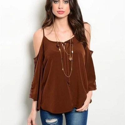 $12.95 • Buy Womens Va Va By Joy Han Brown Cold Shoulder Blouse S OR M
