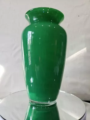 Vase Art Glass Cased Clear On Jade Emerald Green Uranium Murano Or Scandinavian • $49.95