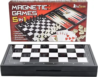 5 In 1 Magnetic Chess Checkers Dominoes Backgammon And Cards Set Mini Travel Si • $18.45