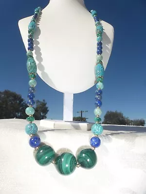 WONDERFUL Vintage STERLING CHINESE Lapis Malachite CARVED TURQUOISE NECKLACE 34  • $7.50