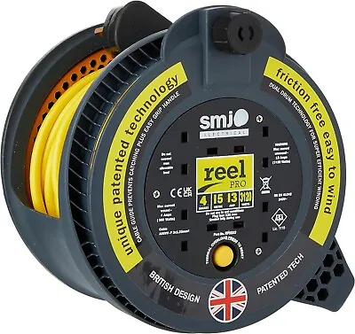 SMJ 15 Meter Extension Reel Lead Cable 4 Gang Way 13 Amp Thermal Cut Out RP1513 • £23.49