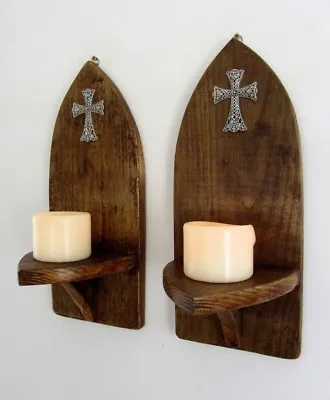 Pair Of Rustic Wood Gothic Church Wall Sconce's Silver Cross  Led Candle Holders • £34.99