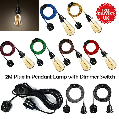 Plug In Lamp Kit Hanging Pendant Light 2m Fabric Cable With Dimmer Switch E27 UK • £10.89