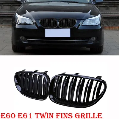 $33.01 • Buy Gloss Black Front Kidney Twin Fins Grilles For BMW E60 E61 M5 5 Series 2003-2010