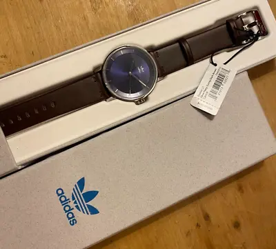 Adidas Men's District L1 CJ6328 Silver Navy Sunray Brown Leather Watch NWT $130 • $69.99