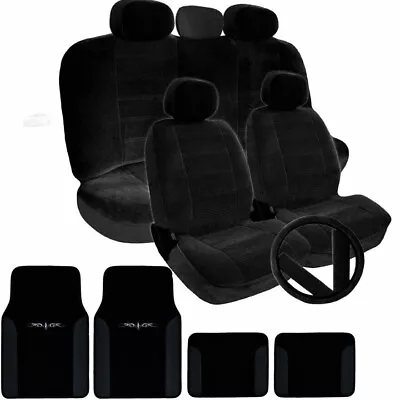 For Vw New Semi Custom Black Velour Car Seat Steering Covers Vinyl Mats Set • $62.66