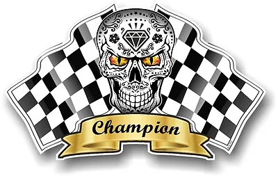 Mexican Sugar Skull & Chequered Racing Race Champion Flags Car Helmet Sticker • £2.83