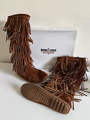 Minnetonka Moccasin Knee High 5-Layer Fringe Brown Leather Boots Women UK 9 • £34.95