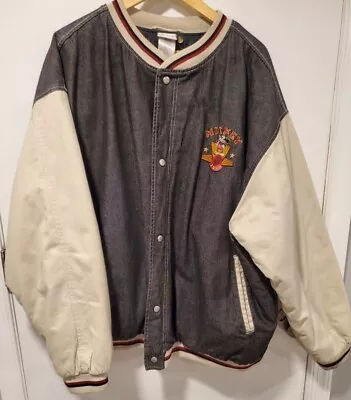 Disney Store Mickey Mouse Denim XXL Vintage Varsity Jacket Bomber Coat 90s 00s • $90