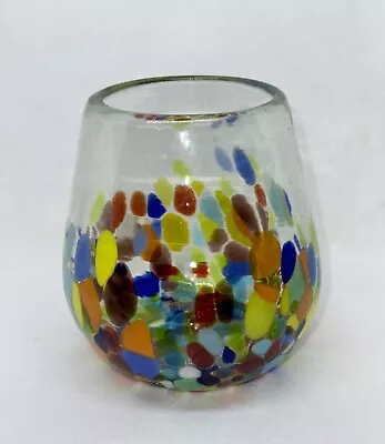 Hand Blown (1) Wine Glass Stemless Weighted Multi Color Confetti Design GUC • $12.75