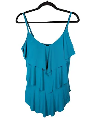 Magic Miracle Suit Tankini Top Womens Size 14 Tiered Ruffles Teal Bra NEW • $28
