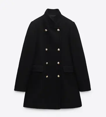 Zara New Woman Double-breasted Wool Blend Military Coat Black 8456/298 2057/289 • $129.99