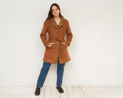 Womens L Faux Suede Faux Fur Jacket Coat Afghan Brown Warm Overcoat Belted VTG • $134.73