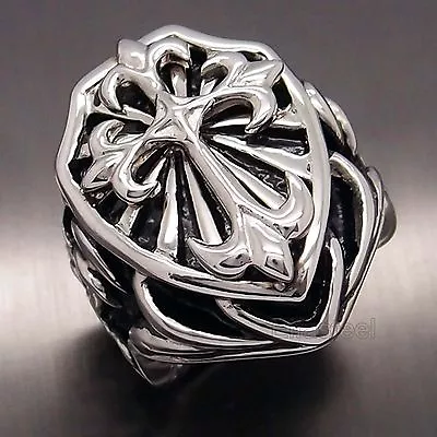 Men Huge Heavy Silver Fleur De Lis CROSS 316L Stainless Steel Ring • $11.99