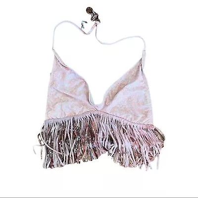 L*Space Light Pink Audrey Fringe Trim Halter Neck Bikini Top Size Large • $30