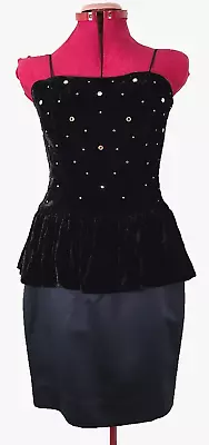 Vintage Darcy Black Velvet Rhinestone Peplum Talon Zipper 80's Dress Size 7/8 • $39.99