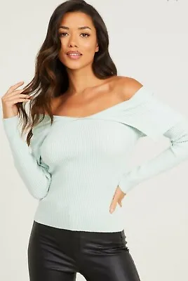 Bnwot - Pale Green Long Sleeve Off The Shoulder Jumper By Quiz - Size S Or 10 • £4.99
