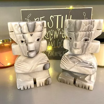 Vintage Aztec Mayan Tiki Totem Carved Marble Stone Bookends Set Of 2 • $44.95