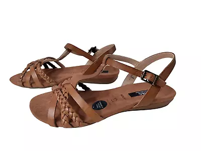 New Womens M&s Uk 5.5 Wide Fit Tan Brown Leather T-bar Slingback Sandals Rrp £35 • £18.49