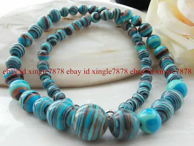 Natural 6-14mm Blue Striped Turquoise Round Gemstone Beads Necklace 20  AAA • $4.88