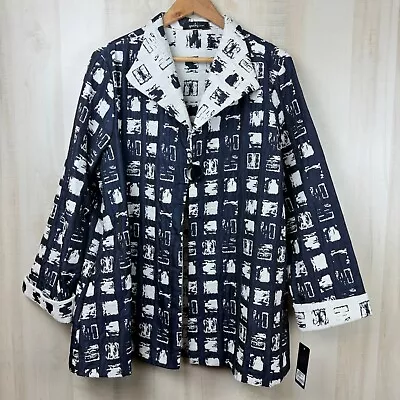 NWT Yushi Women’s Asian Inspired A-Line Single Button Jacket Navy Blue White XL • $65