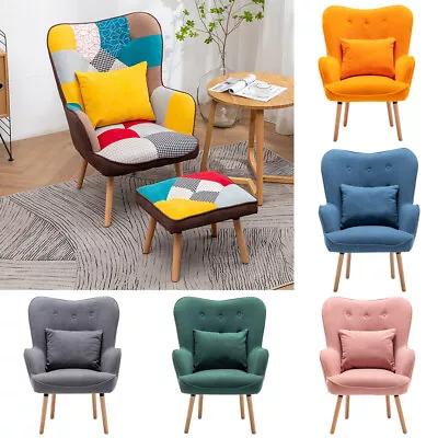 High Back Linen/Velvet Armchair Single Sofa Wingback Accent Chairs W/ Footstool • £119.95