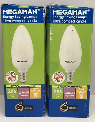 2 Pack MEGAMAN Candle CFL 7w 286lm SES E14 2700K Frosted 220-240v 10000H • £8.99