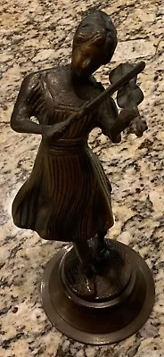 Vintage 8 1/2” Bronze Lacquered Sculpture Woman In Dress Vtg Lady Playing Violin • $29.95