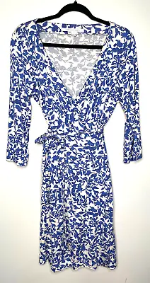 $55 • Buy DIANE VON FURSTENBERG  DVF Blue And White SILK WRAP DRESS  Size 14