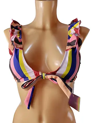 Bnwt Missguided Uk 10 Pink Mix Striped Frill Tie Front Padded Swim Bikini Top • £9.99