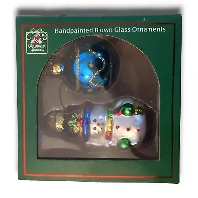 Vintage Christmas House Hand Painted Blown Glass Ornaments Santa Blue Ball NEW • $14.99