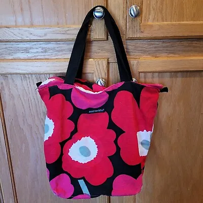 Marimekko Shoulder Bag Designer Poppies Floral Pink Red Canvas FLAW • $36