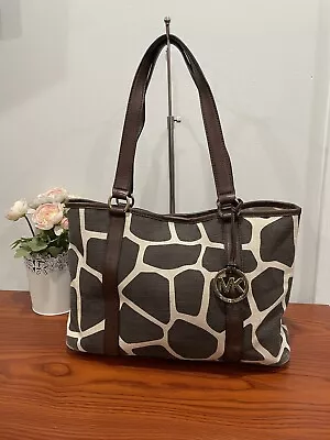 Michael Kors Giraffe Print Brown & Cream Canvas Tote Shoulder Bag Handbag • $40