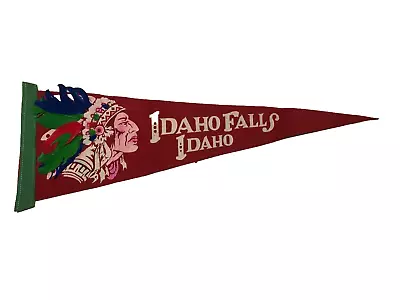 VINTAGE IDAHO FALLS FELT PENNANT 20” 1940’s SOUVENIR INDIAN WITH HEAD DRESS • $19.99