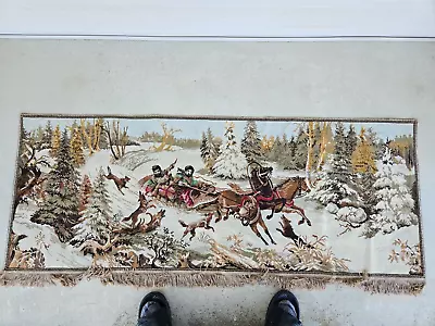 Antique  European Tapestry Russian Winter Horse Sled Wolves Attack 66  X26  • $19.99