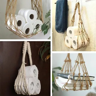 Hanging Woven Cotton Rope Toilet Paper Mesh Storage Bag Wall Mount Tissue Holder • $17.88