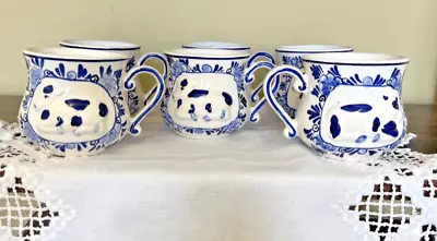 6 Vintage Delft Blue Hand Painted 3D Cow Mugs 8 Oz DAIC Farmhouse Decor • $69.95