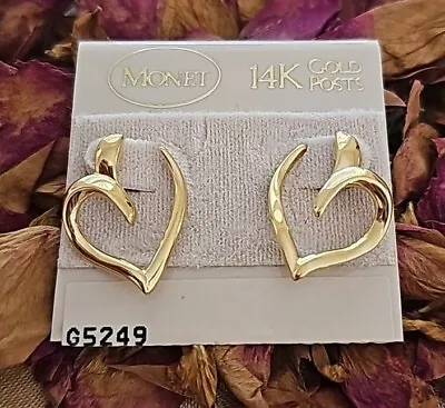 Monet Vintage 14K Gold Filled Open Heart Leaf Drop Hoop Earrings • $19.95