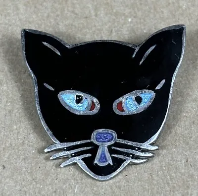 Vintage Enamel Cat Head Brooch Black Cat Face Pin • $15.36