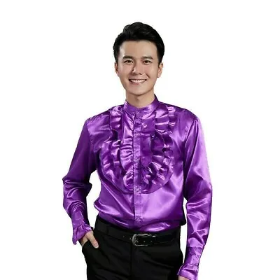 Men Satin Shirt Faux Silk Top Ruffle Frilly Palace Prince Dance Fancy Dress NR9 • £25.49