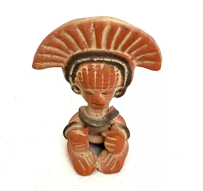 Vtg Terracotta Figurine Mini Mexican Folk Art Aztec Mayan Sitting Headdress • $14.99