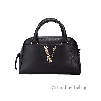 Versace Virtus Small Black Grainy Leather Bowling Top Handle Crossbody Handbag • $926.43