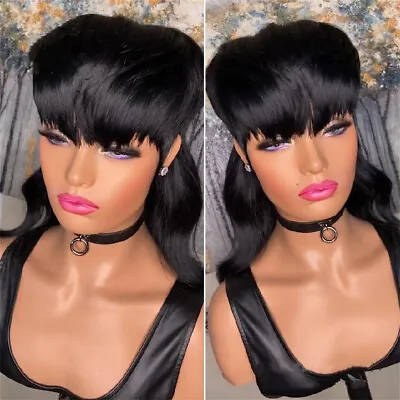 Women Machine Made Wig With Bangs Mullet Body Wave Glueless Hair Wigs US • $19.18