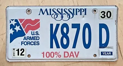 Mississippi Us Armed Forces Army Navy Usaf License Plate   K 870 D   Ms 100% Dav • $12.99