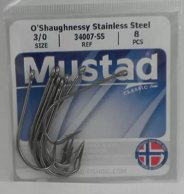 Mustad 34007-SS-3/0-8 O`Shaunessy All Purpose Stainless Steel Hook Size 3/0 8CT • $7.20