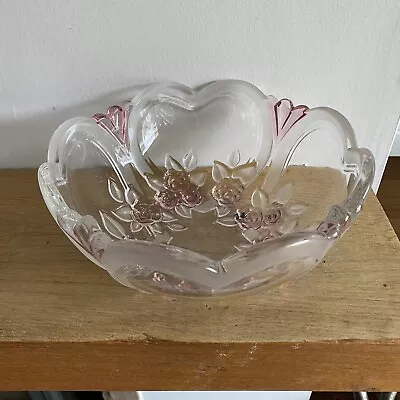 GLASS BOWL WALTHER GLAS Clear/Pink Flowers Hearts Frosted Germany -  22cm • £18.99